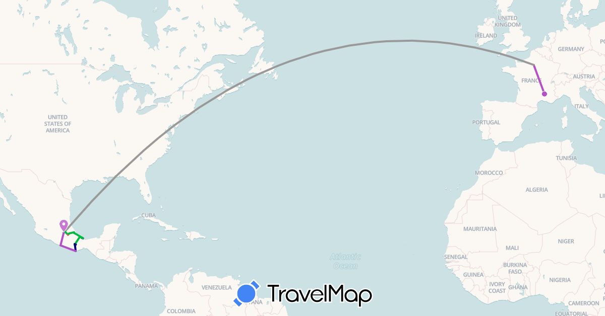 TravelMap itinerary: driving, bus, plane, train, hiking in France, Mexico (Europe, North America)